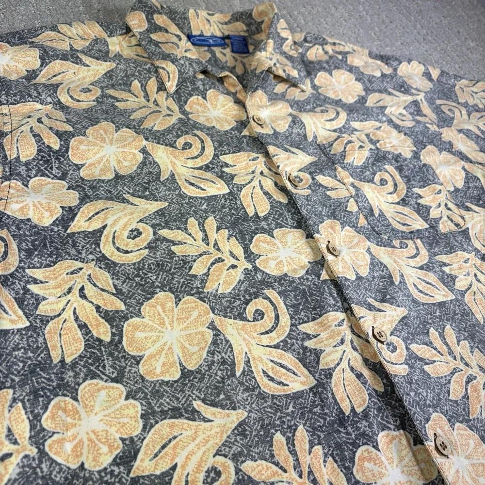 VTG Ocean Pacific Hawaiian Shirt Large Yellow Camp Floral OP Surf Wooden Buttons
